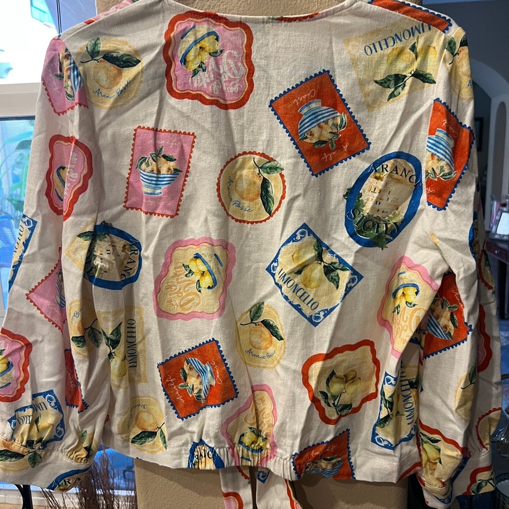 Joie White Tie-Front Blouse with Multi-Color Stamp Print - Picture 2 of 3